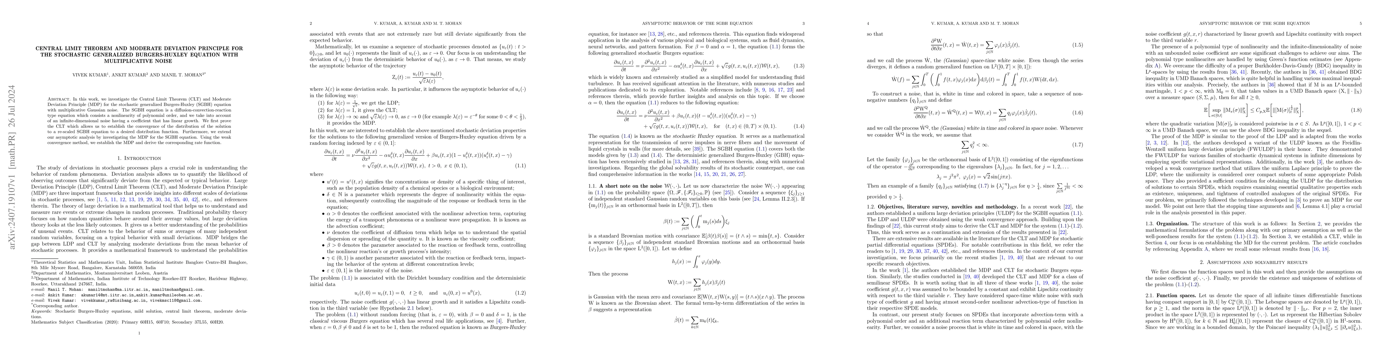 Thumbnail for Central limit theorem and moderate deviation principle for the
  stochastic generalized Burgers-Huxley equation with multiplicative noise