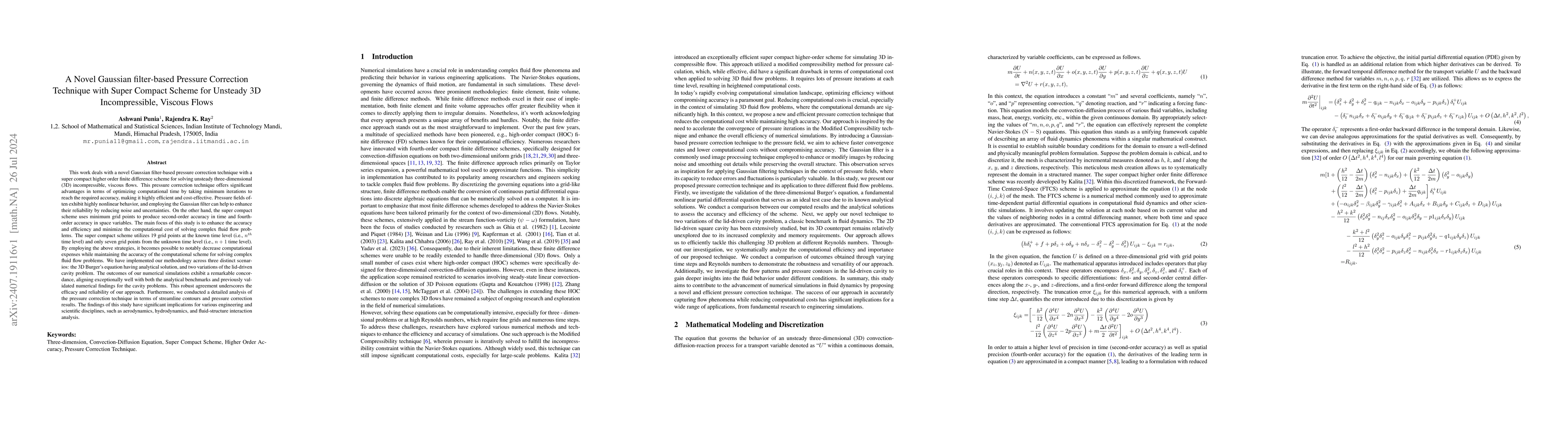 Thumbnail for A Novel Gaussian filter-based Pressure Correction Technique with Super
  Compact Scheme for Unsteady 3D Incompressible, Viscous Flows