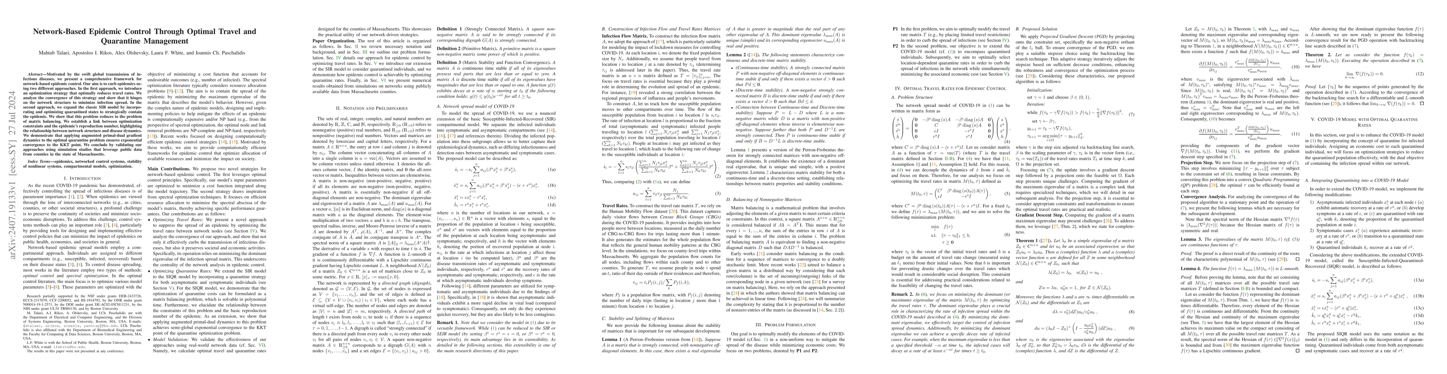 Thumbnail for Network-Based Epidemic Control Through Optimal Travel and Quarantine
  Management