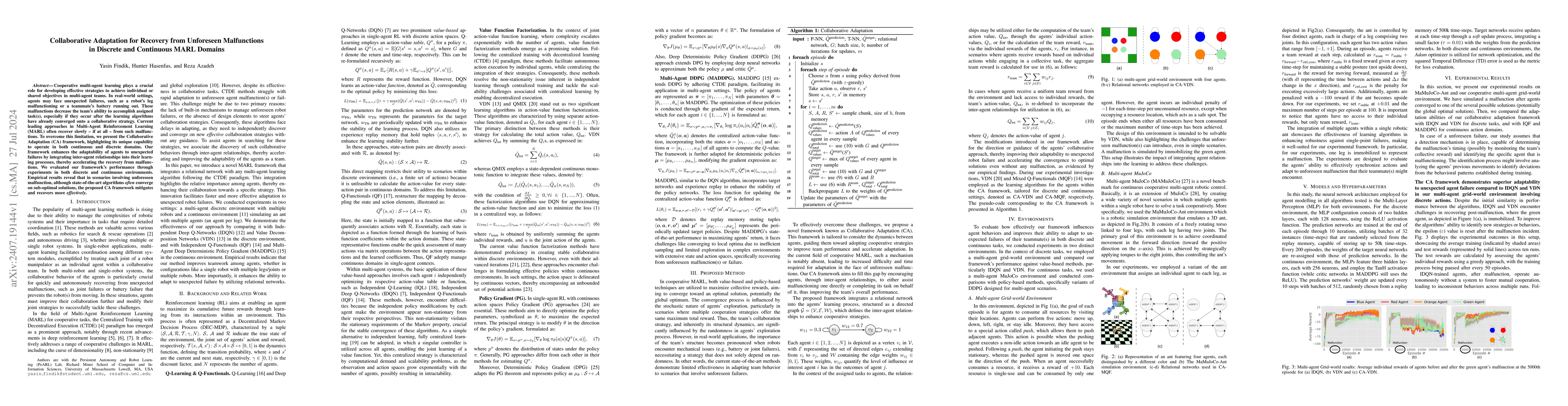 Thumbnail for Collaborative Adaptation for Recovery from Unforeseen Malfunctions in
  Discrete and Continuous MARL Domains
