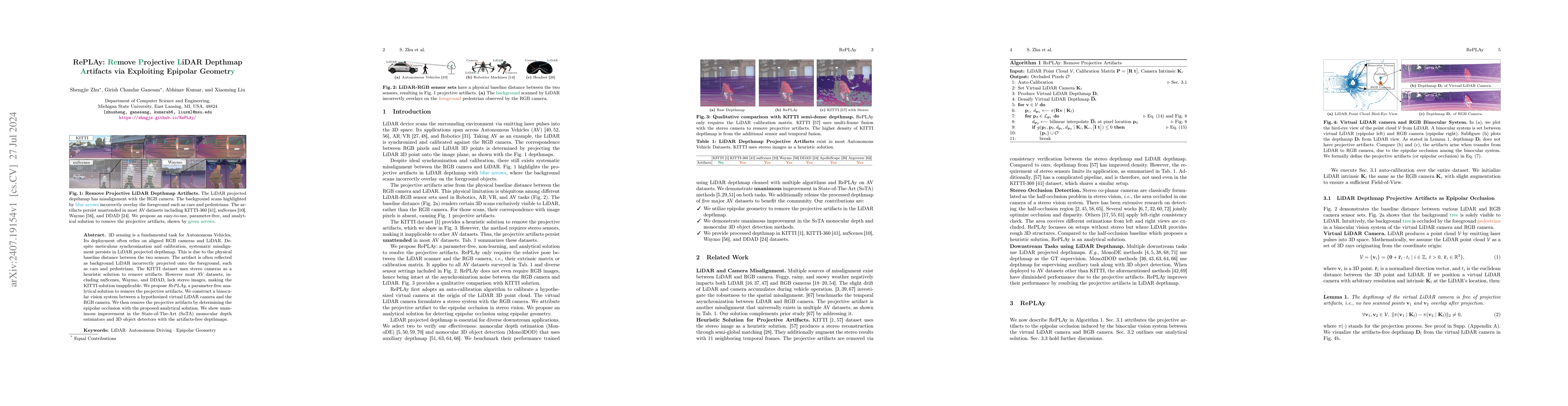 Thumbnail for RePLAy: Remove Projective LiDAR Depthmap Artifacts via Exploiting
  Epipolar Geometry