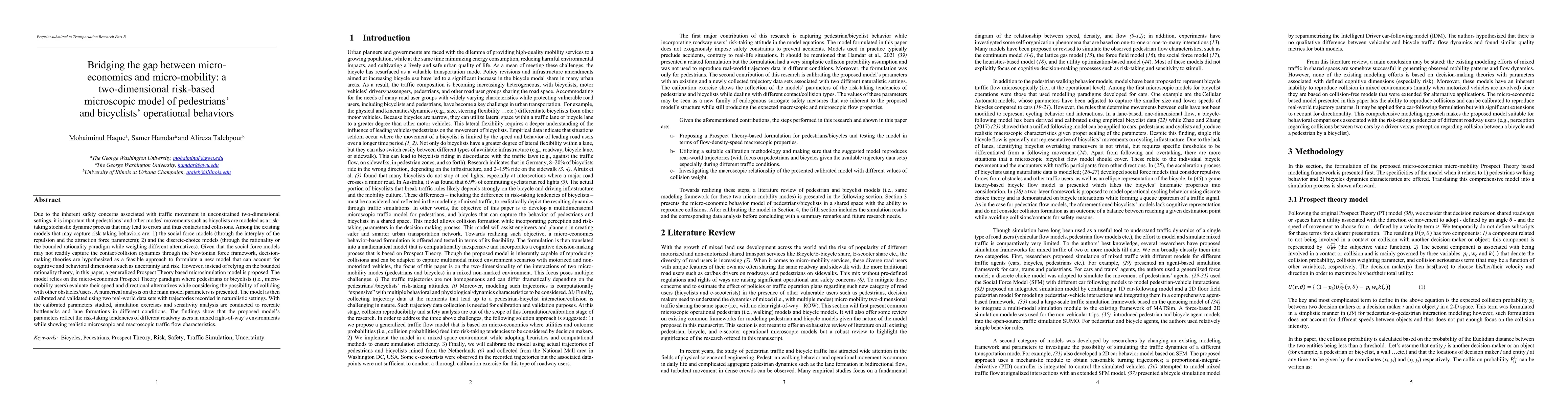 Thumbnail for Bridging the gap between micro-economics and micro-mobility: a
  two-dimensional risk-based microscopic model of pedestrians' and bicyclists'
  operational behaviors