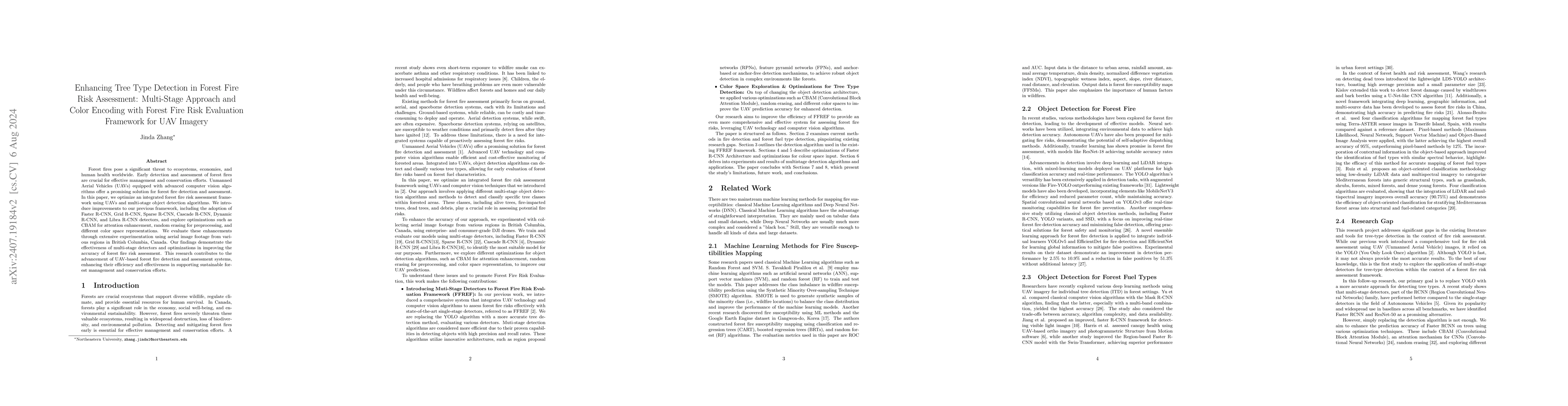 Thumbnail for Enhancing Tree Type Detection in Forest Fire Risk Assessment:
  Multi-Stage Approach and Color Encoding with Forest Fire Risk Evaluation
  Framework for UAV Imagery