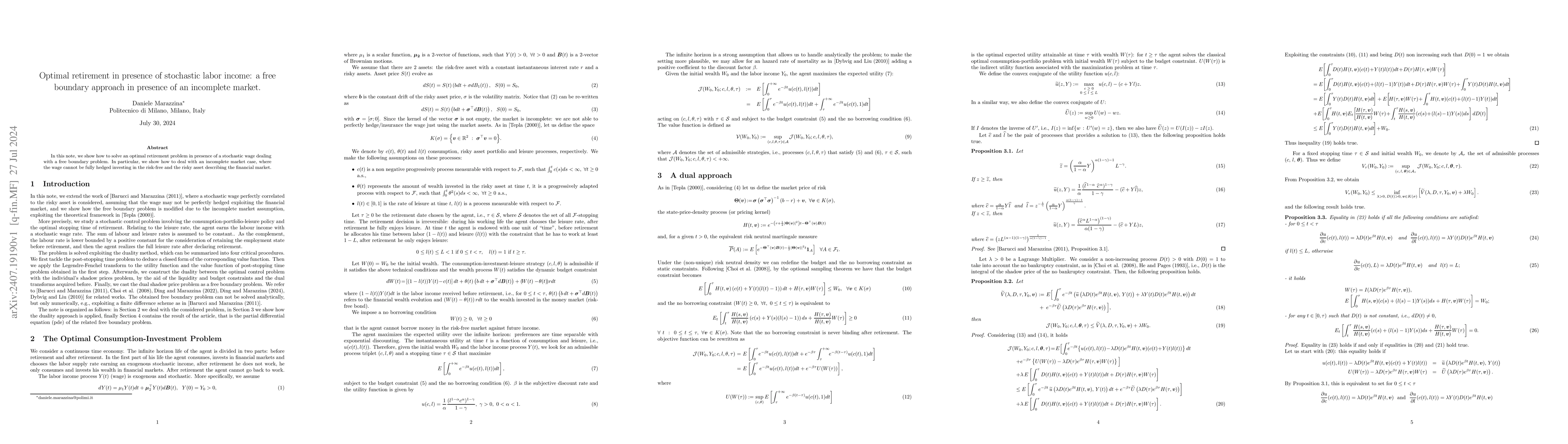 Thumbnail for Optimal retirement in presence of stochastic labor income: a free
  boundary approach in presence of an incomplete market