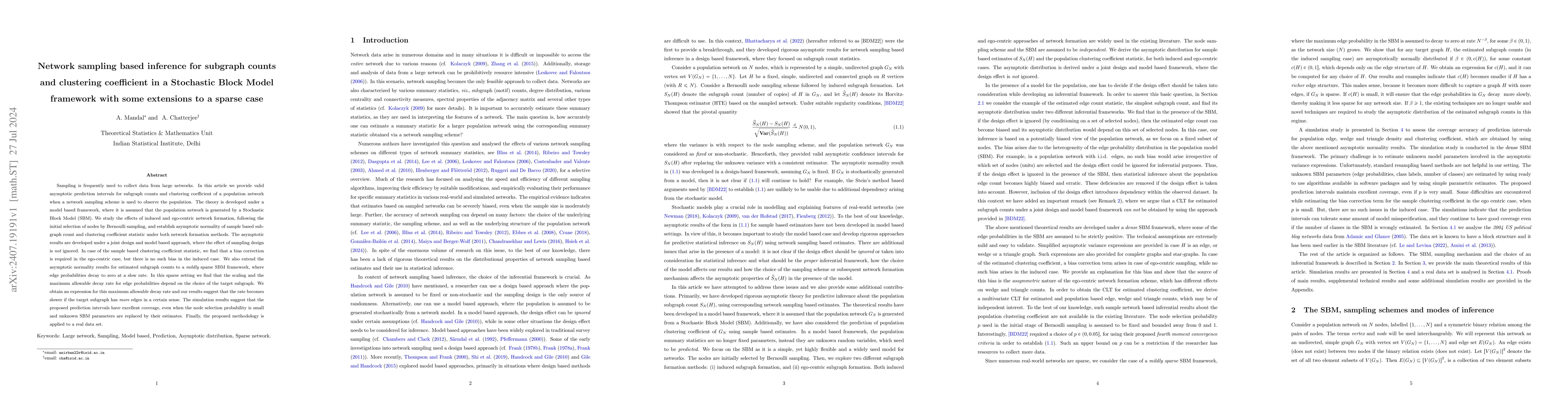 Thumbnail for Network sampling based inference for subgraph counts and clustering
  coefficient in a Stochastic Block Model framework with some extensions to a
  sparse case