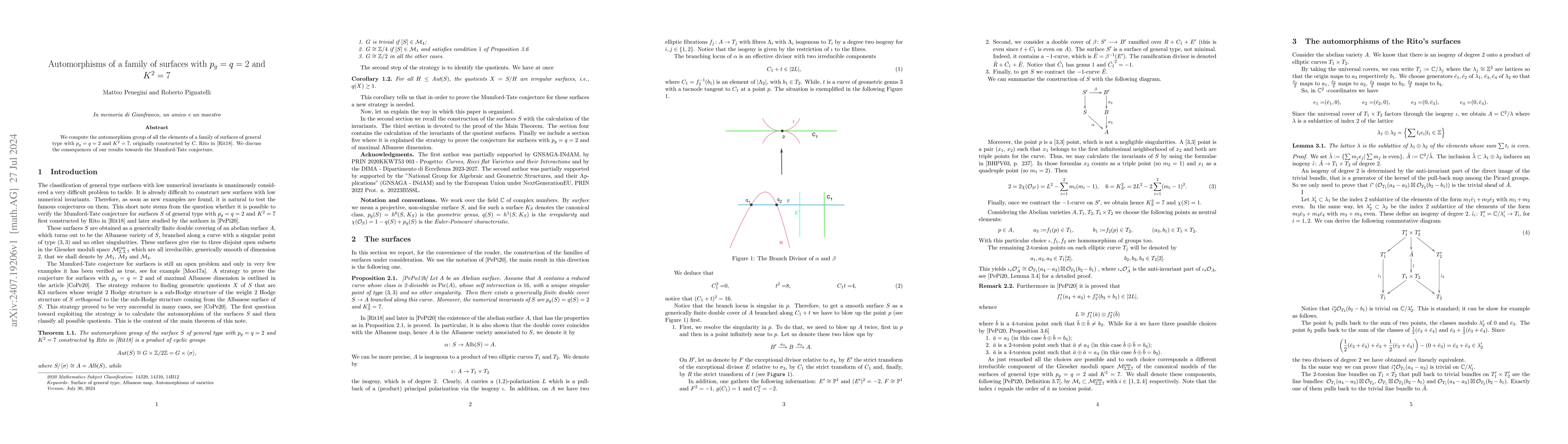 Thumbnail for Automorphisms of a family of surfaces with $p_g=q=2$ and $K^2=7$