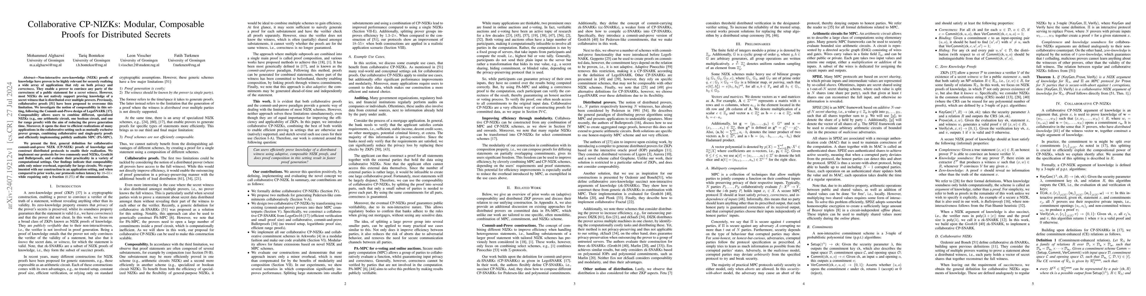 Thumbnail for Collaborative CP-NIZKs: Modular, Composable Proofs for Distributed
  Secrets