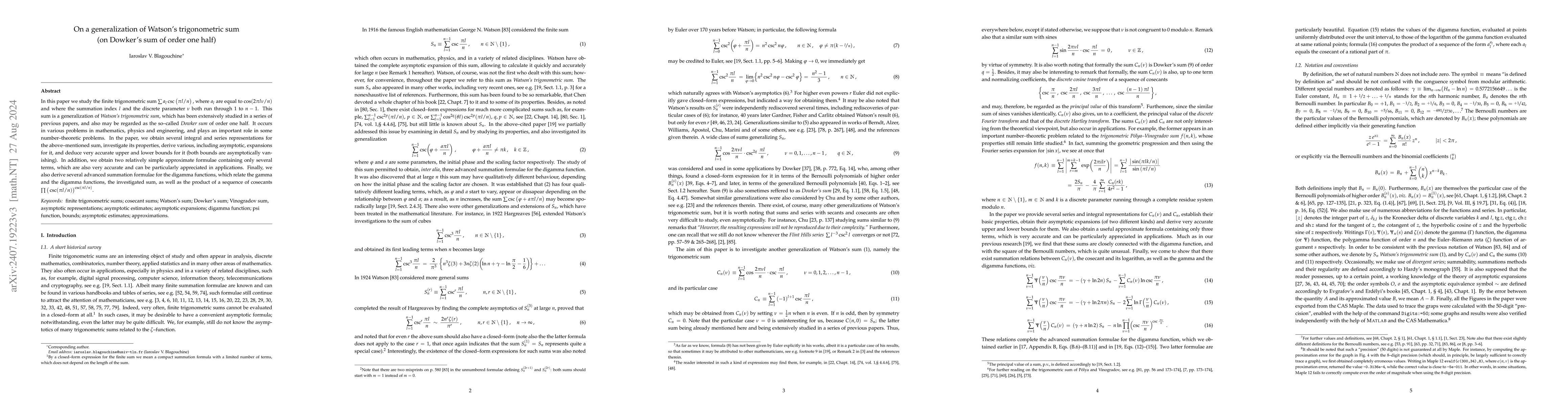 Thumbnail for On a generalization of Watson's trigonometric sum (on Dowker's sum of
  order one half)