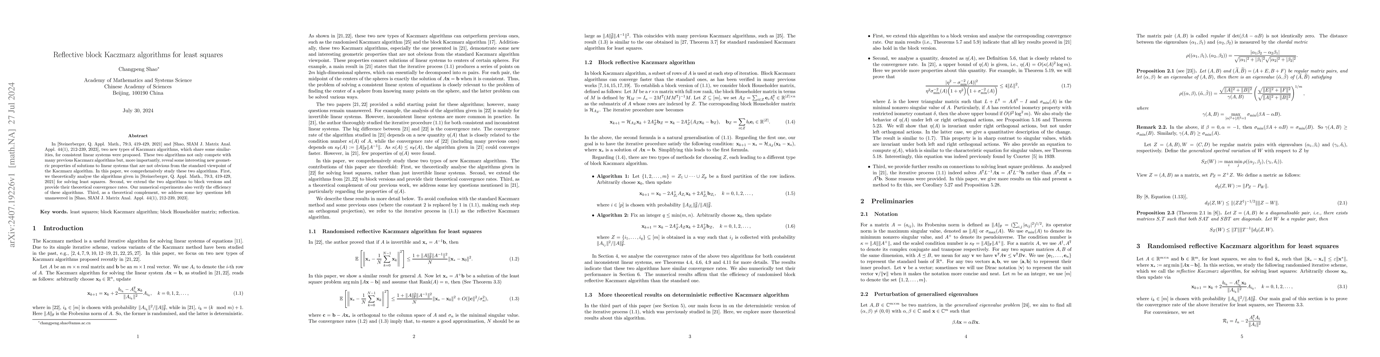 Thumbnail for Reflective block Kaczmarz algorithms for least squares