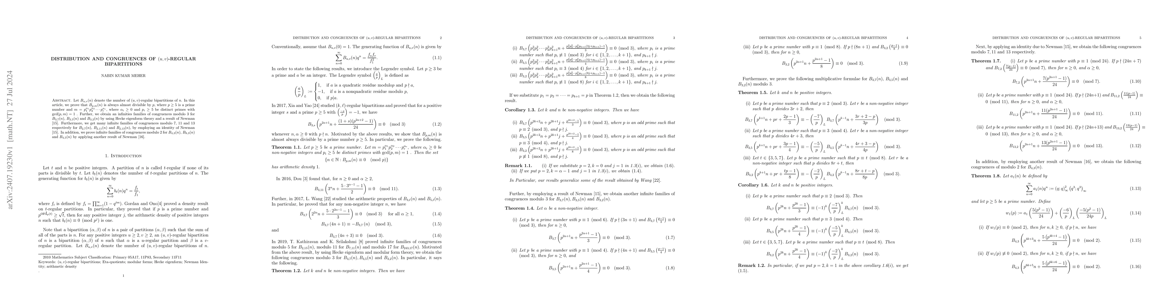 Thumbnail for Distribution and congruences of $(u,v)$-regular bipartitions