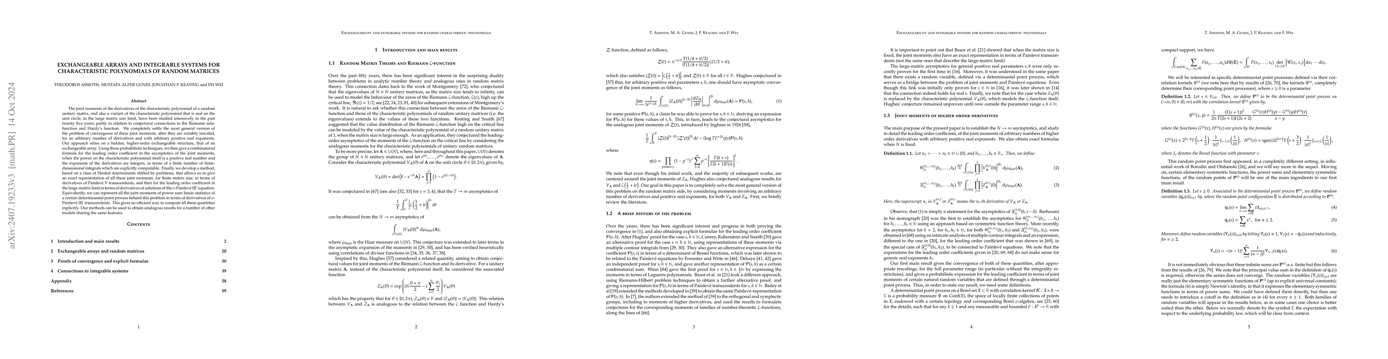 Thumbnail for Exchangeable arrays and integrable systems for characteristic
  polynomials of random matrices