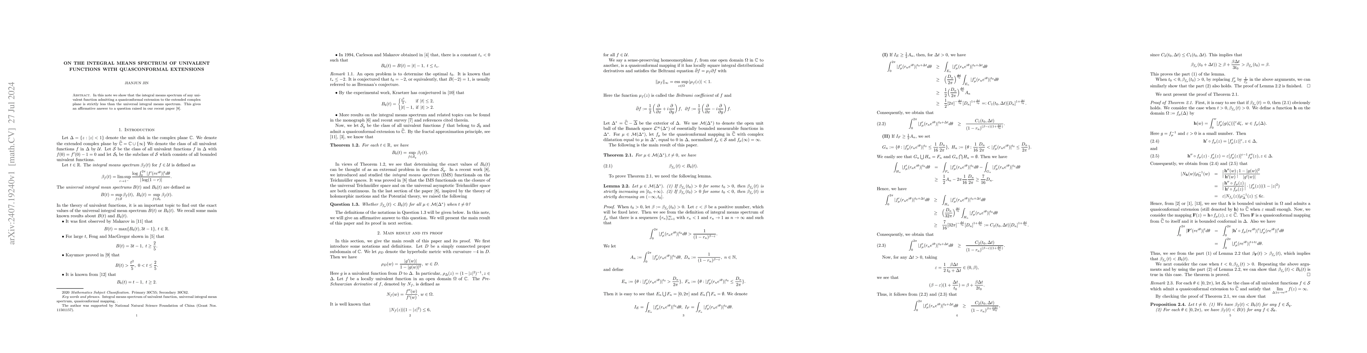 Thumbnail for On the integral means spectrum of univalent functions with quasconformal
  extensions