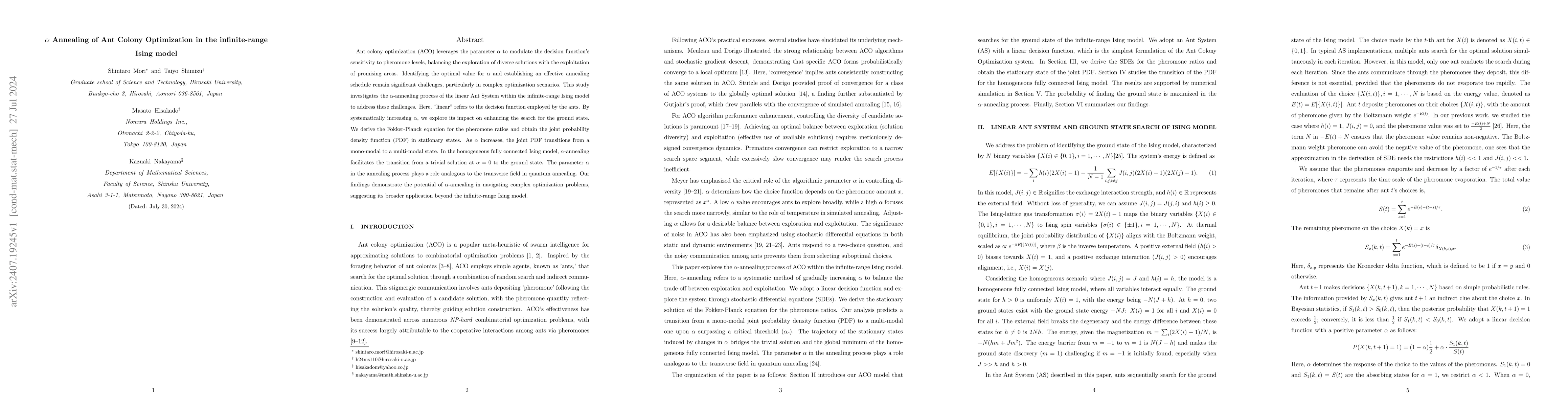 Thumbnail for $α$ Annealing of Ant Colony Optimization in the infinite-range
  Ising model