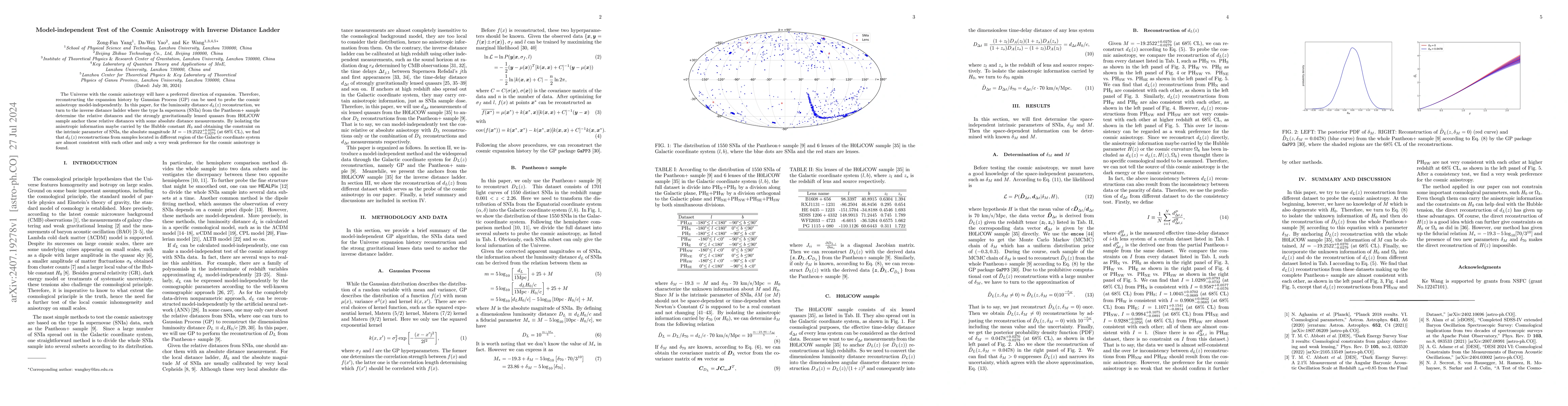 Thumbnail for Model-independent Test of the Cosmic Anisotropy with Inverse Distance
  Ladder