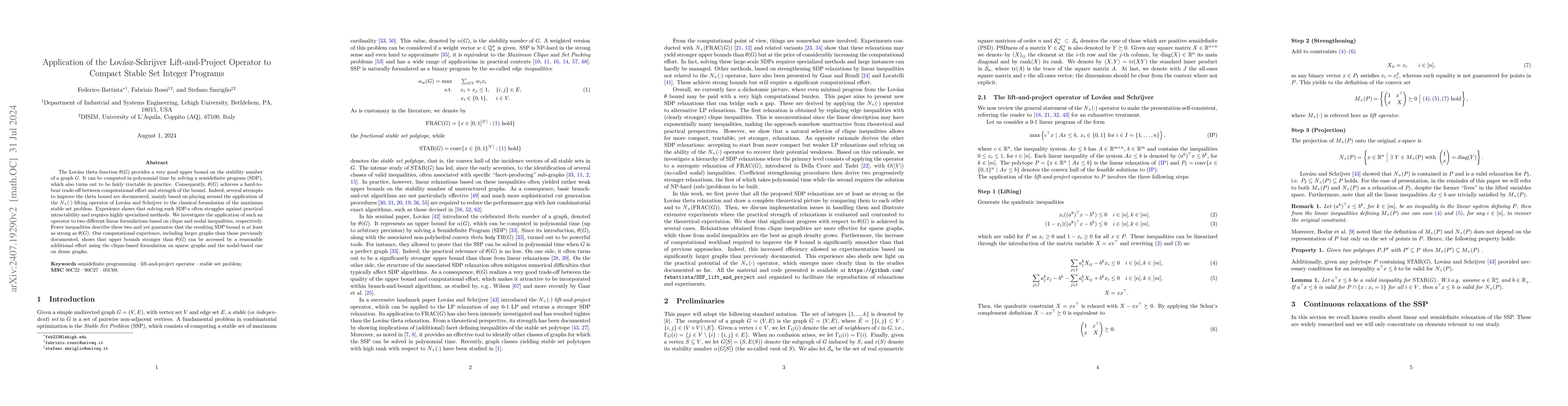 Thumbnail for Application of the Lovász-Schrijver Lift-and-Project Operator to
  Compact Stable Set Integer Programs