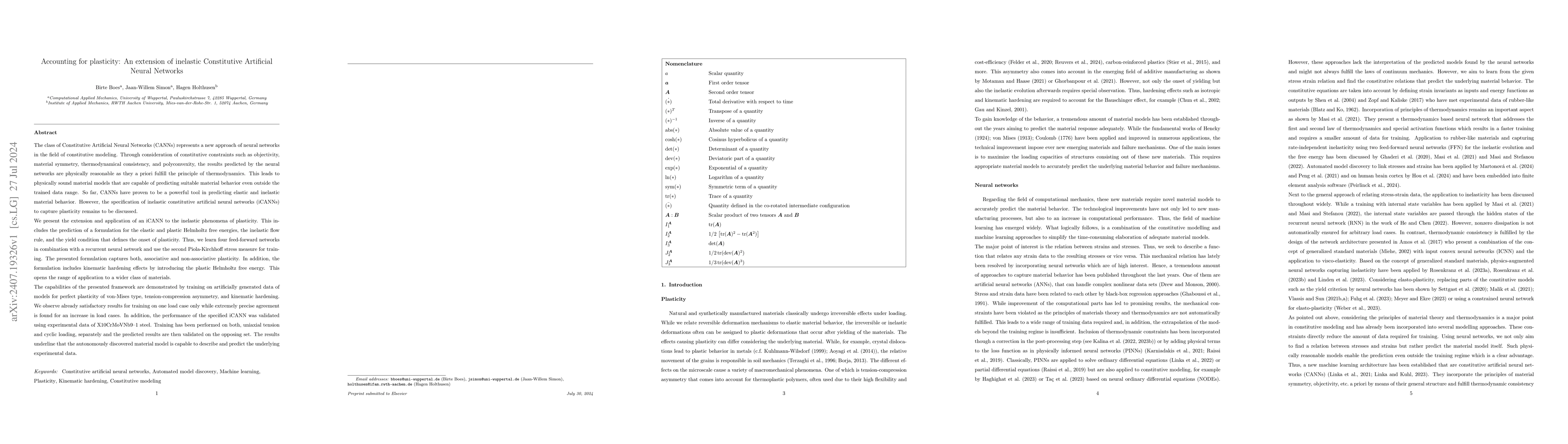 Thumbnail for Accounting for plasticity: An extension of inelastic Constitutive
  Artificial Neural Networks