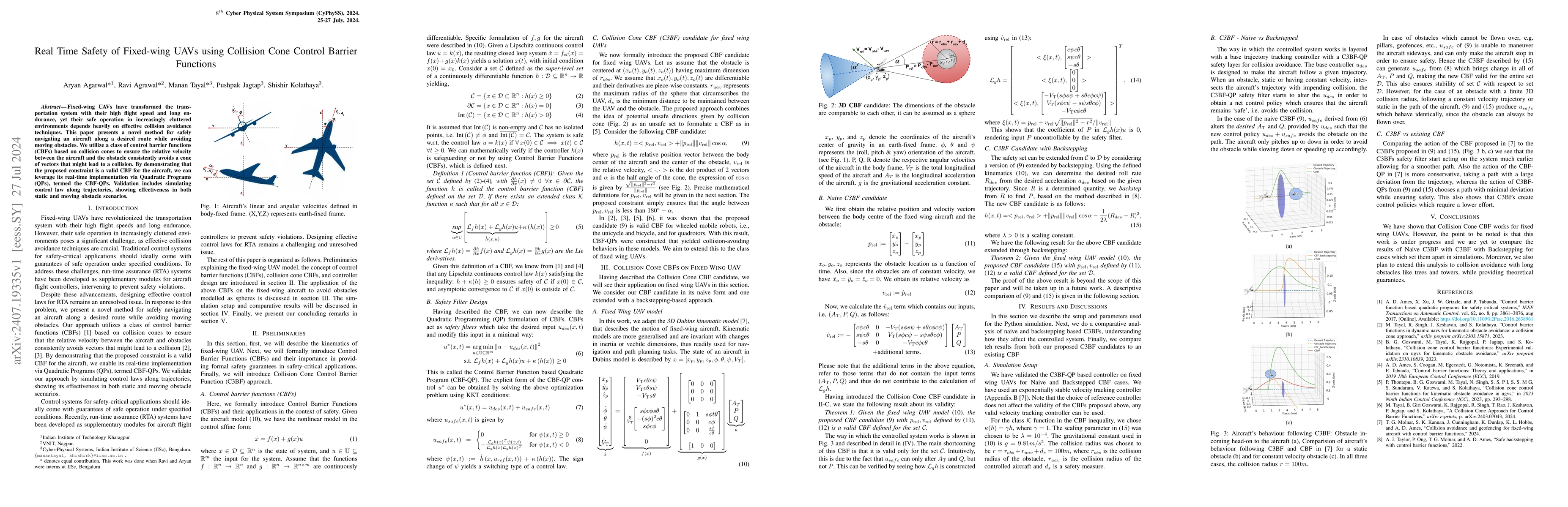 Thumbnail for Real Time Safety of Fixed-wing UAVs using Collision Cone Control Barrier
  Functions