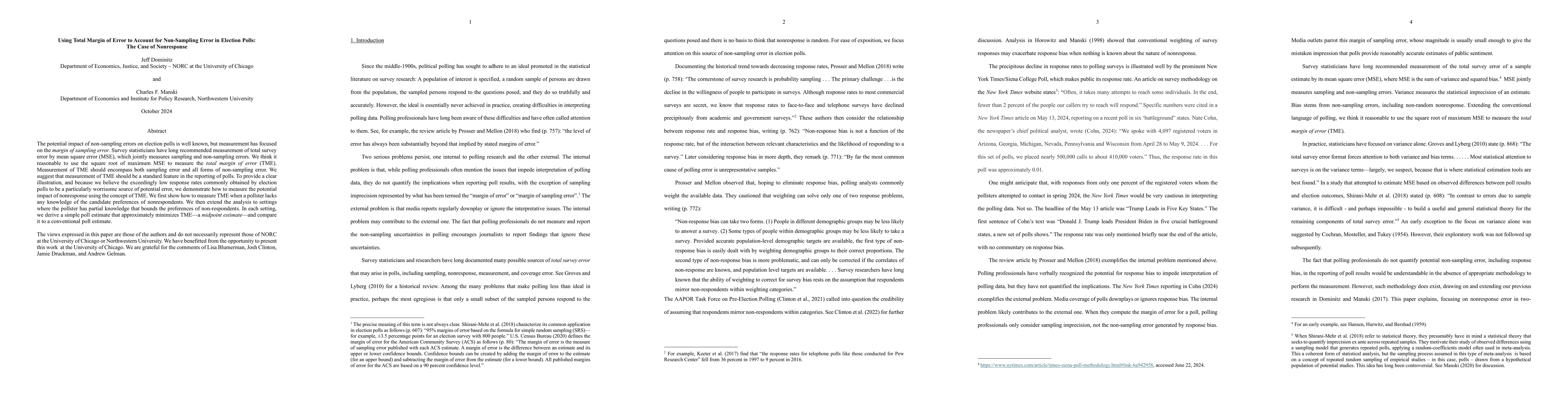 Thumbnail for Using Total Margin of Error to Account for Non-Sampling Error in
  Election Polls: The Case of Nonresponse