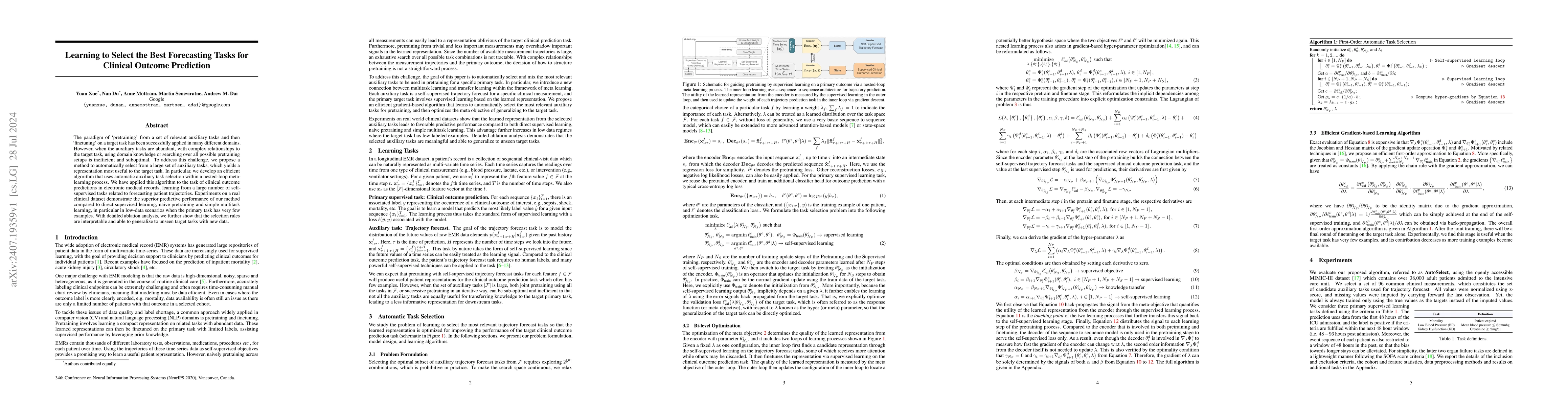 Thumbnail for Learning to Select the Best Forecasting Tasks for Clinical Outcome
  Prediction