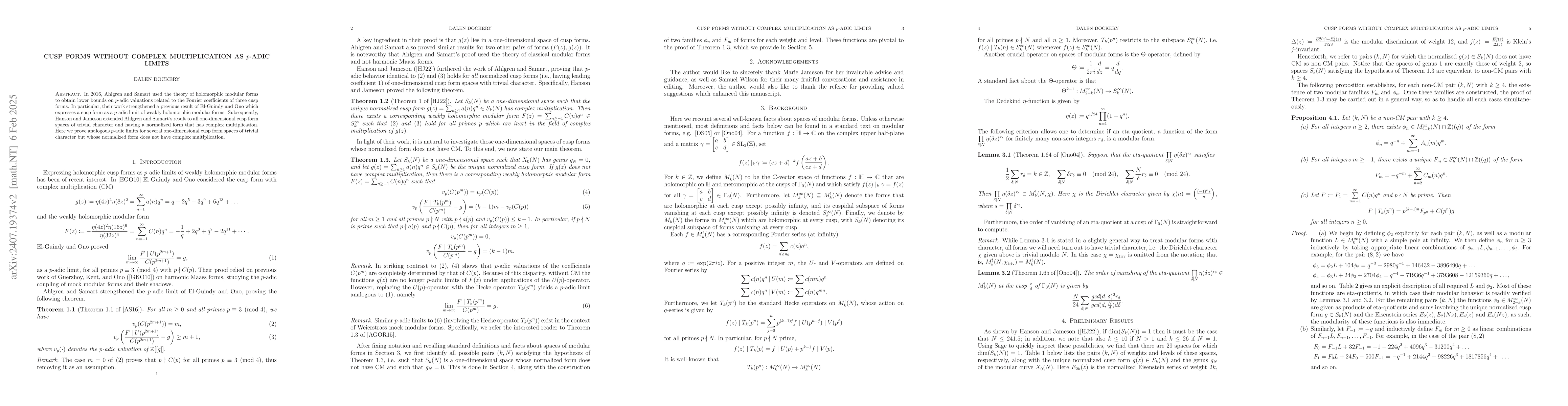 Thumbnail for Cusp forms without complex multiplication as $p$-adic limits
