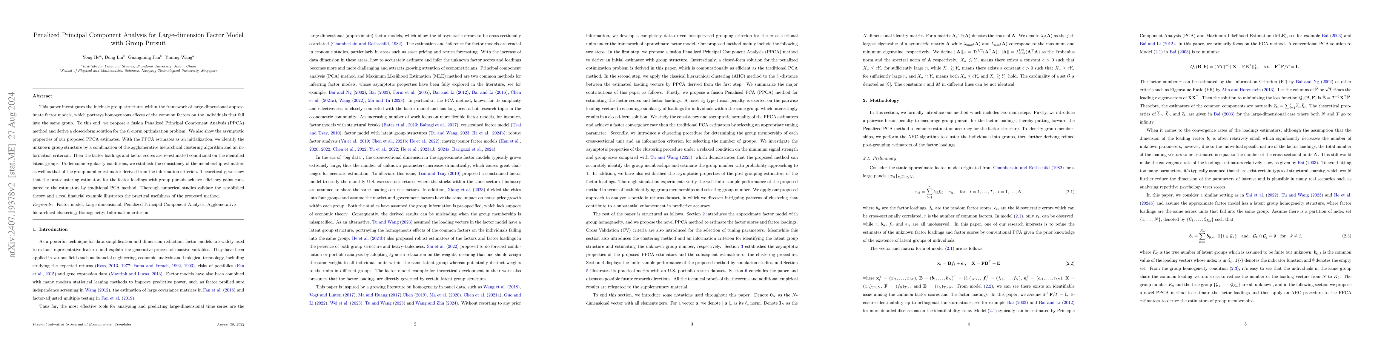 Thumbnail for Penalized Principal Component Analysis for Large-dimension Factor Model
  with Group Pursuit