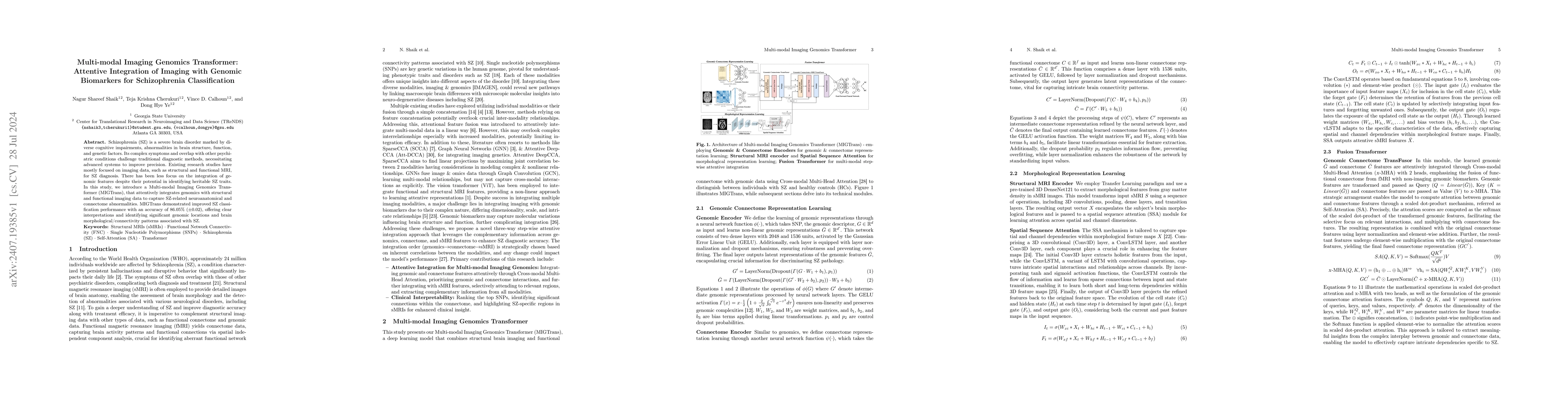 Thumbnail for Multi-modal Imaging Genomics Transformer: Attentive Integration of
  Imaging with Genomic Biomarkers for Schizophrenia Classification