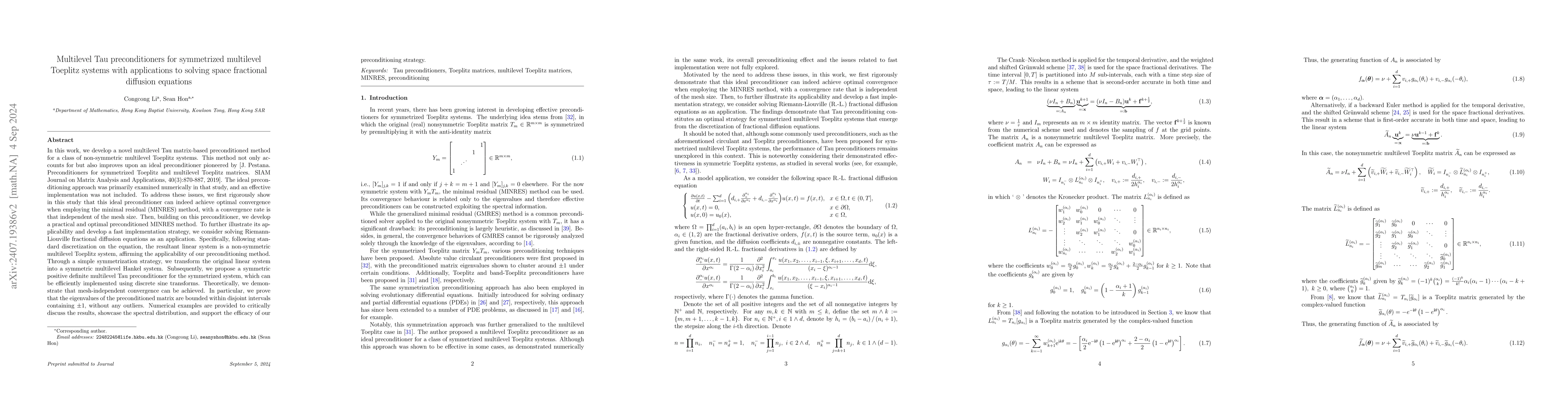 Thumbnail for Multilevel Tau preconditioners for symmetrized multilevel Toeplitz
  systems with applications to solving space fractional diffusion equations