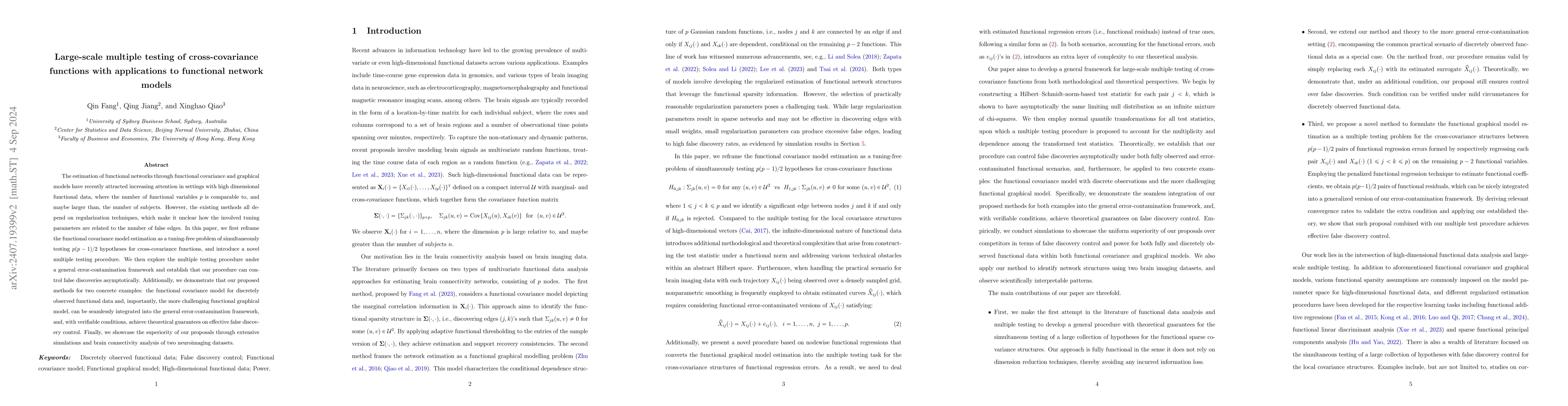Thumbnail for Large-scale Multiple Testing of Cross-covariance Functions with
  Applications to Functional Network Models