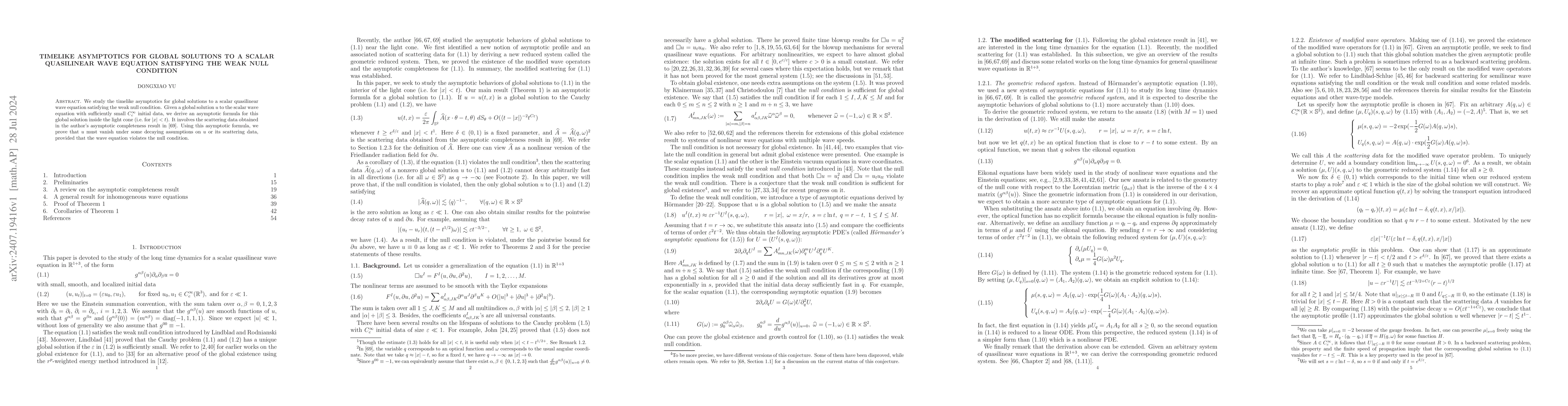 Thumbnail for Timelike asymptotics for global solutions to a scalar quasilinear wave
  equation satisfying the weak null condition