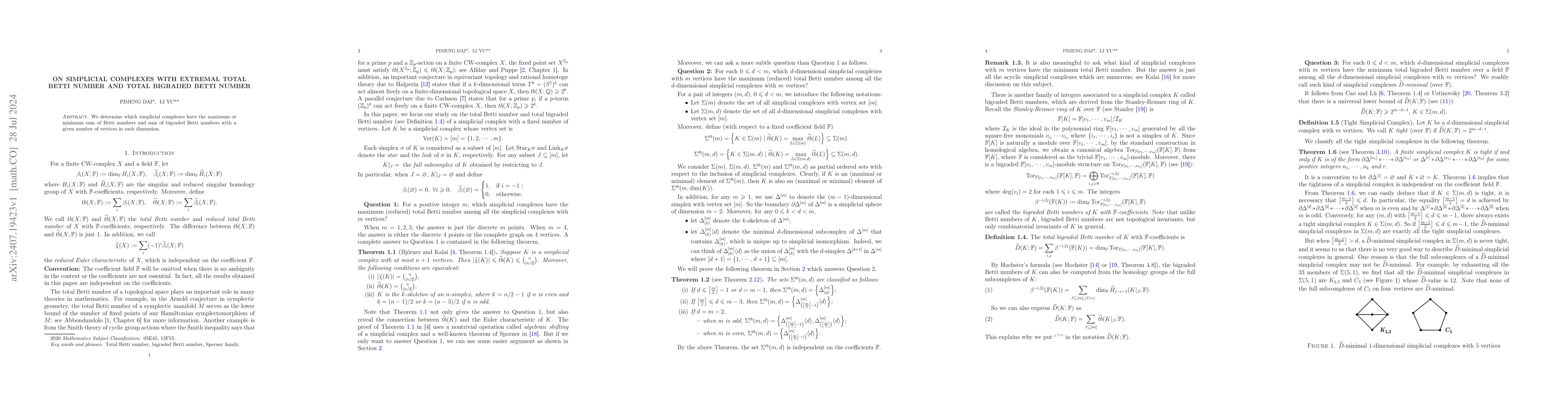 Thumbnail for On Simplicial Complexes with Extremal Total Betti number and Total
  Bigraded Betti Number