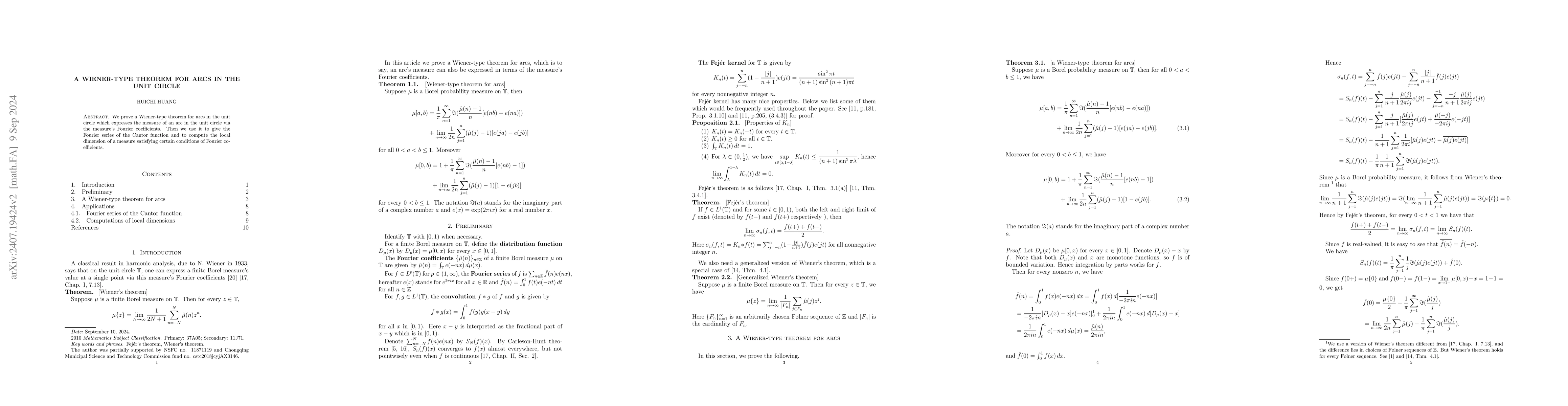 Thumbnail for A Wiener-type theorem for arcs in the unit cirle