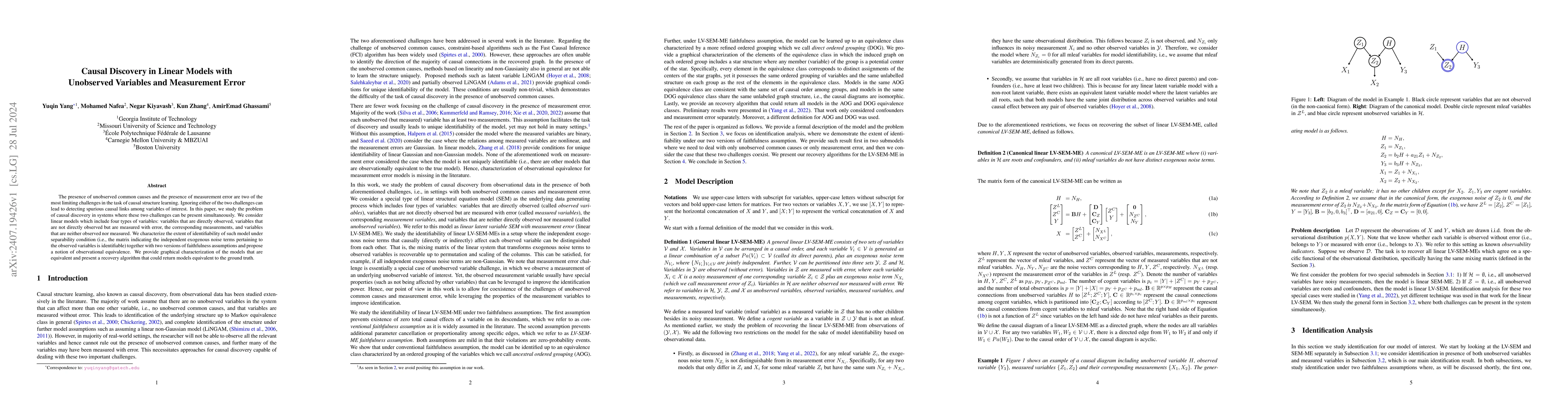 Thumbnail for Causal Discovery in Linear Models with Unobserved Variables and
  Measurement Error
