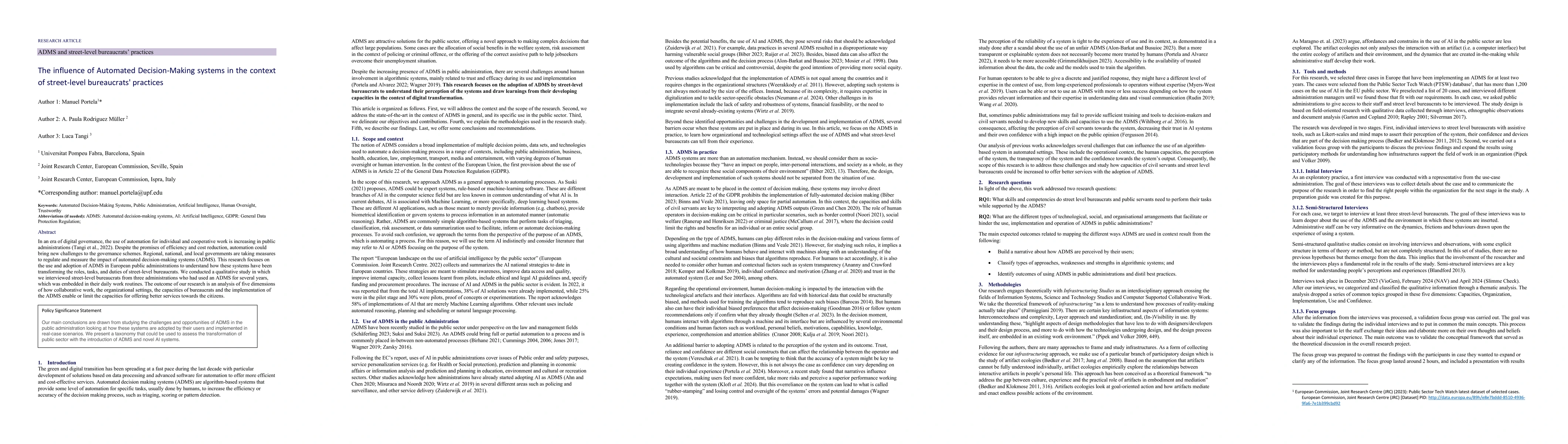 Thumbnail for The influence of Automated Decision-Making systems in the context of
  street-level bureaucrats' practices