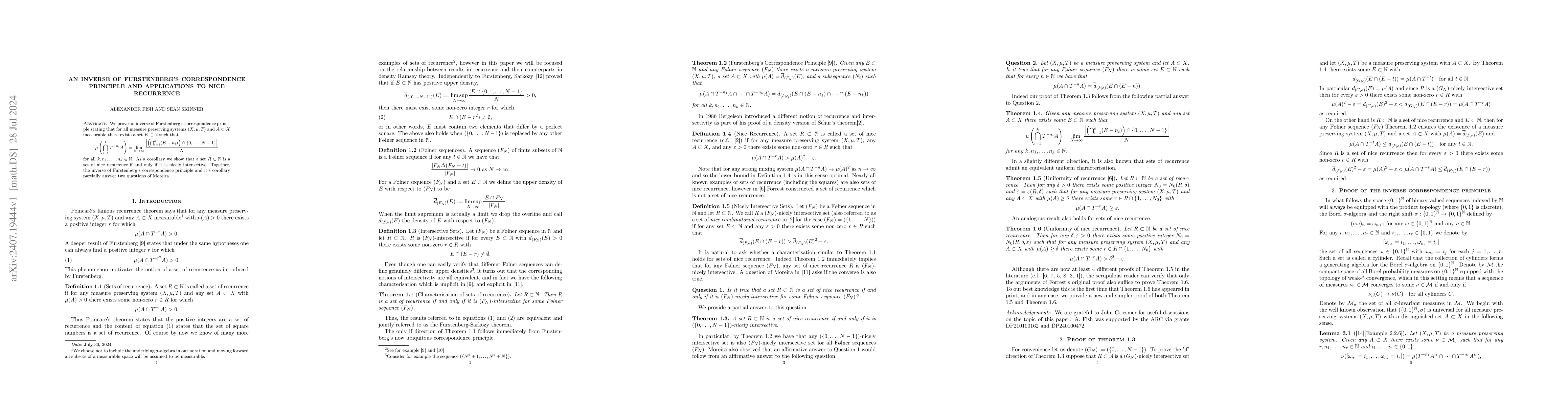 Thumbnail for An inverse of Furstenberg's correspondence principle and applications to
  nice recurrence