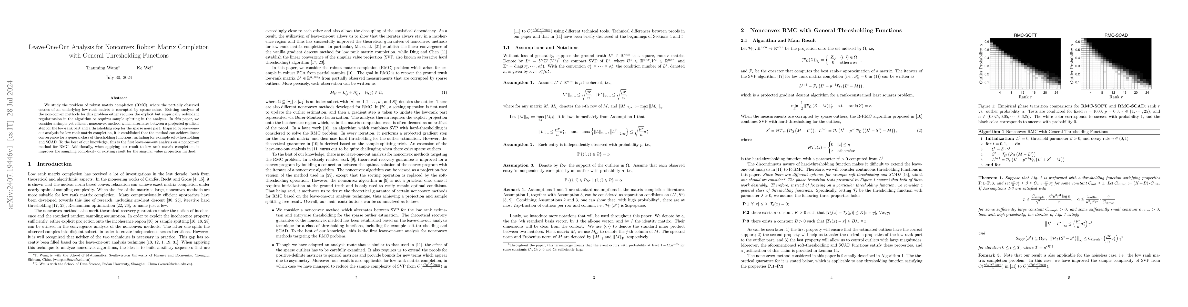 Thumbnail for Leave-One-Out Analysis for Nonconvex Robust Matrix Completion with
  General Thresholding Functions