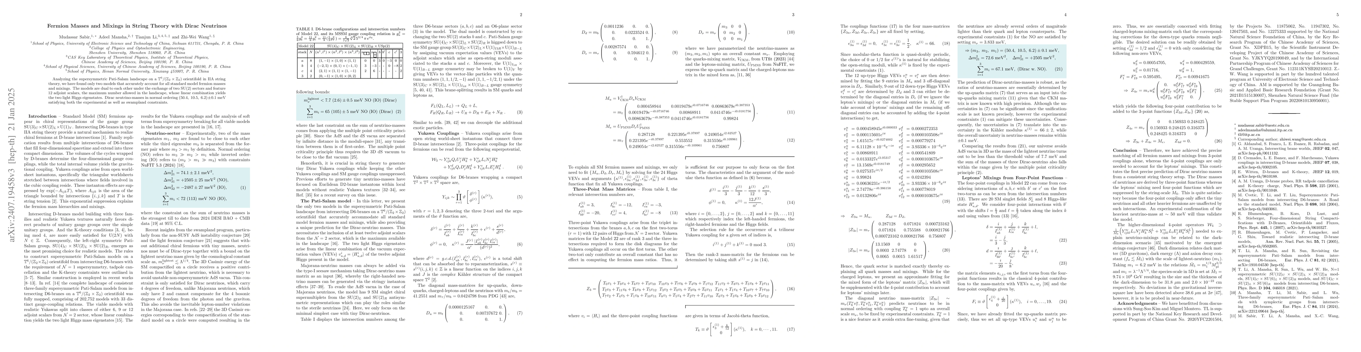Thumbnail for Fermion Masses and Mixings in String Theory with Dirac Neutrinos