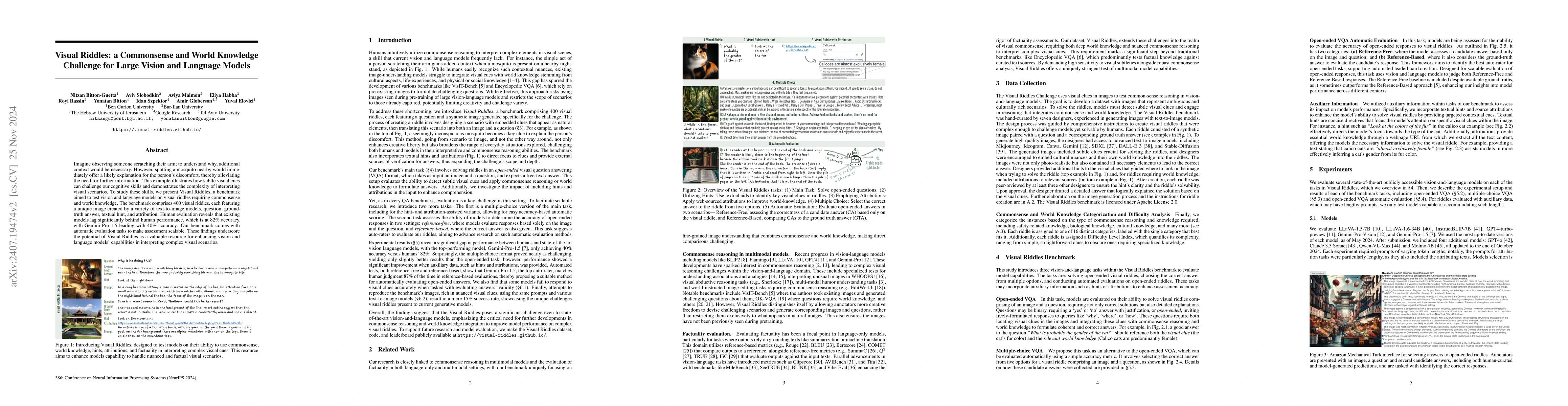 Thumbnail for Visual Riddles: a Commonsense and World Knowledge Challenge for Large
  Vision and Language Models