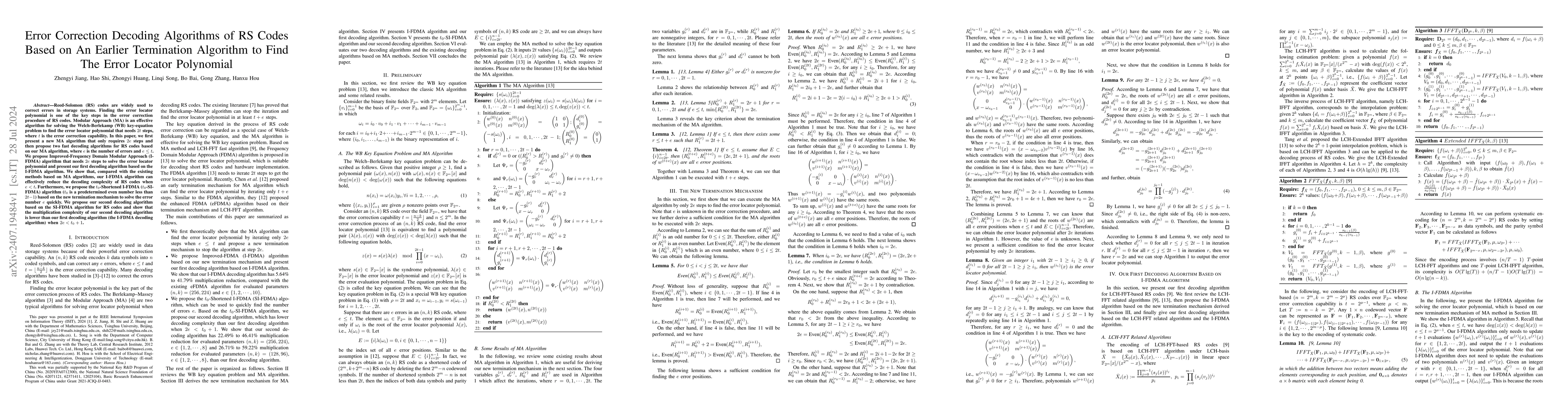 Thumbnail for Error Correction Decoding Algorithms of RS Codes Based on An Earlier
  Termination Algorithm to Find The Error Locator Polynomial
