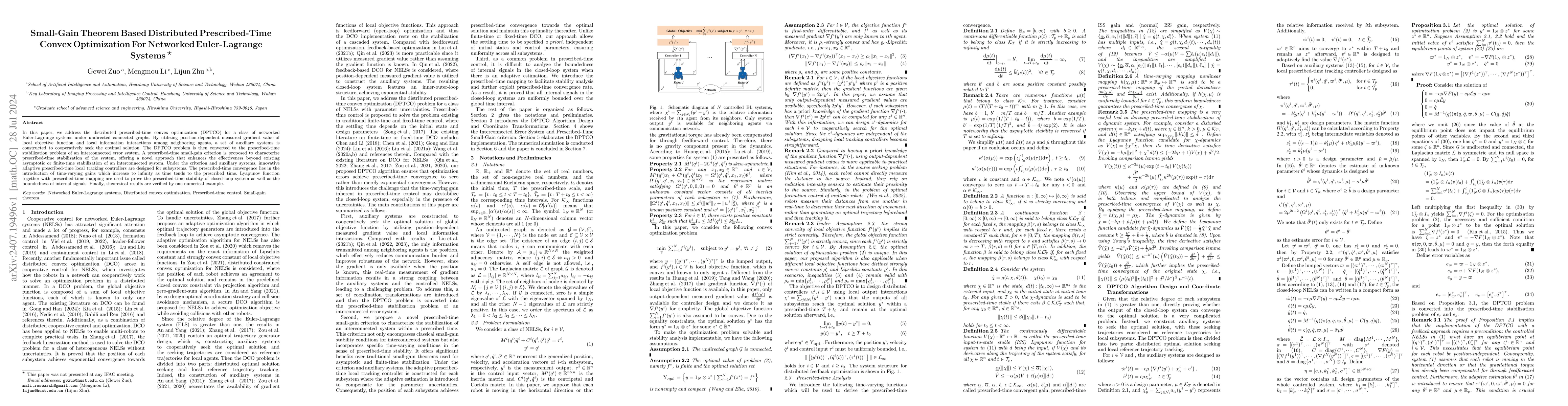 Thumbnail for Small-Gain Theorem Based Distributed Prescribed-Time Convex Optimization
  For Networked Euler-Lagrange Systems