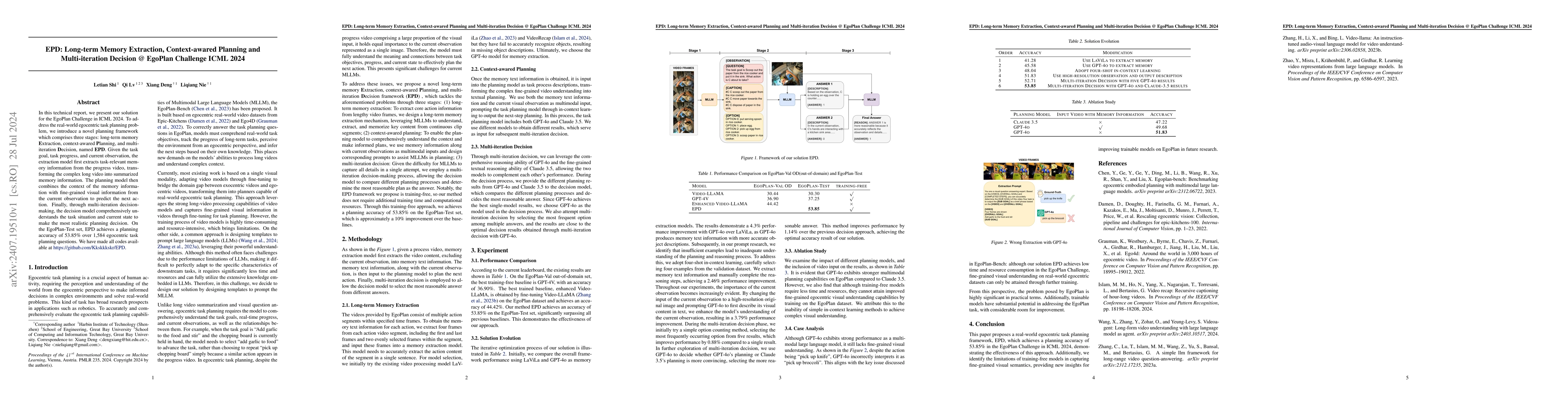 Thumbnail for EPD: Long-term Memory Extraction, Context-awared Planning and
  Multi-iteration Decision @ EgoPlan Challenge ICML 2024