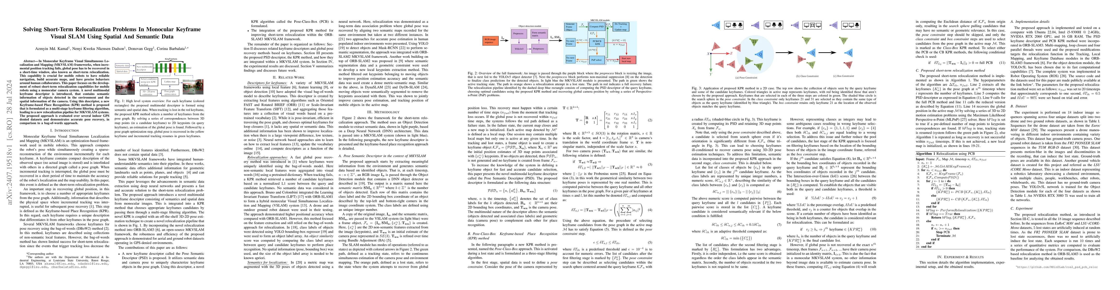Thumbnail for Solving Short-Term Relocalization Problems In Monocular Keyframe Visual
  SLAM Using Spatial And Semantic Data