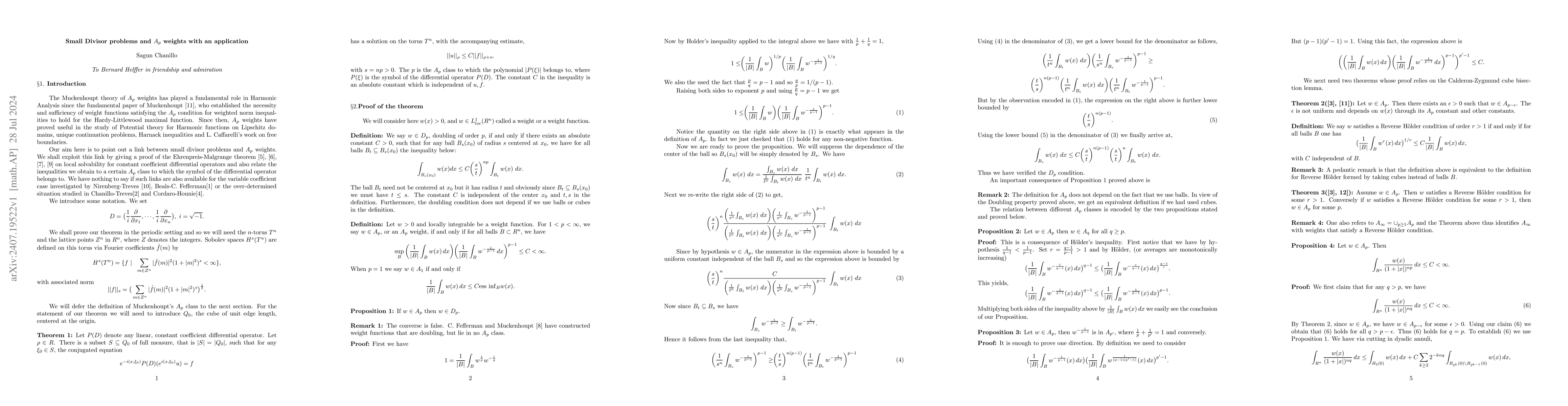 Thumbnail for Small Divisor problems and $A_p$ weights with an application