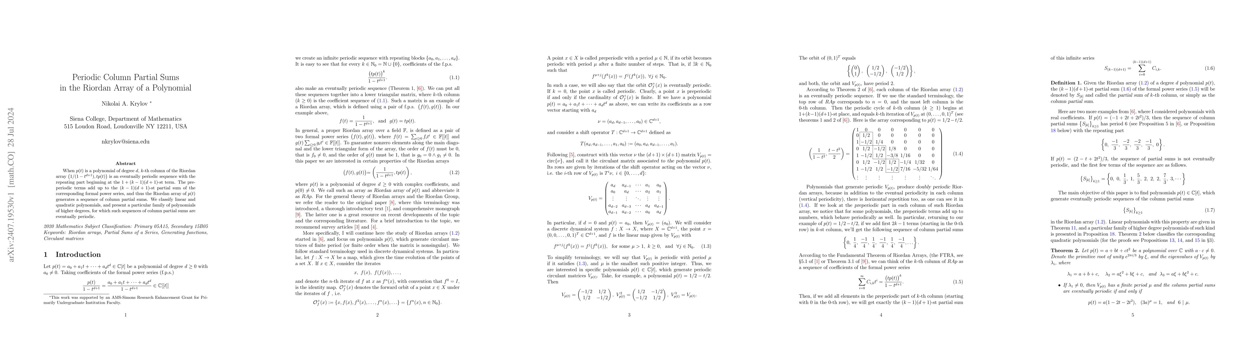 Thumbnail for Periodic Column Partial Sums in the Riordan Array of a Polynomial