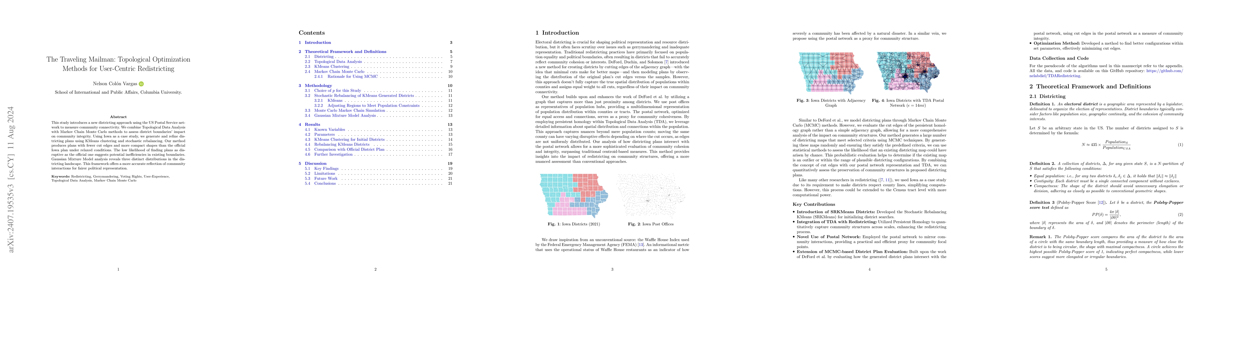 Thumbnail for The Traveling Mailman: Topological Optimization Methods for User-Centric
  Redistricting