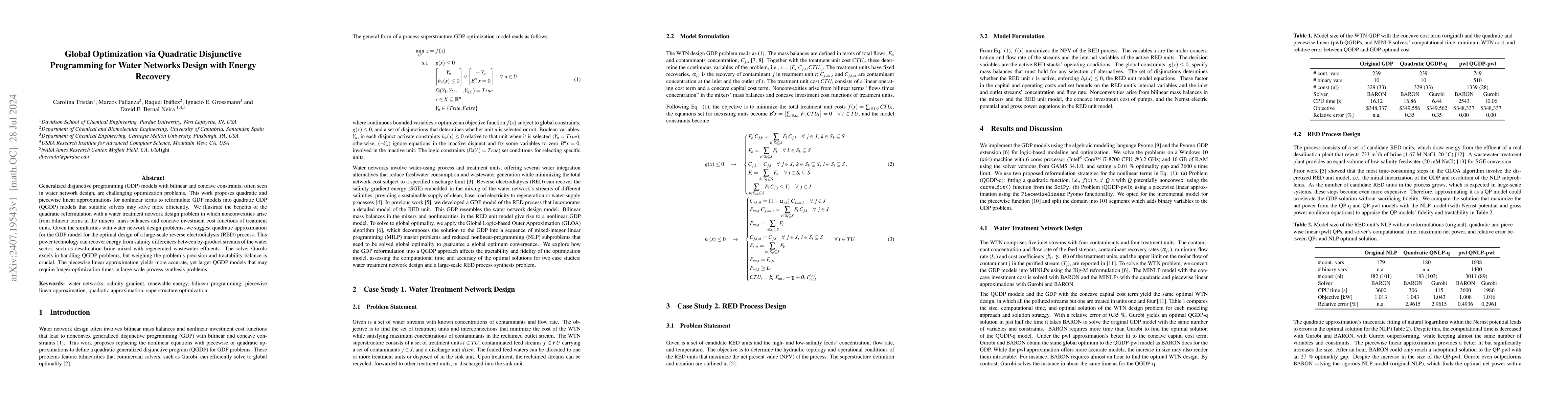 Thumbnail for Global Optimization via Quadratic Disjunctive Programming for Water
  Networks Design with Energy Recovery