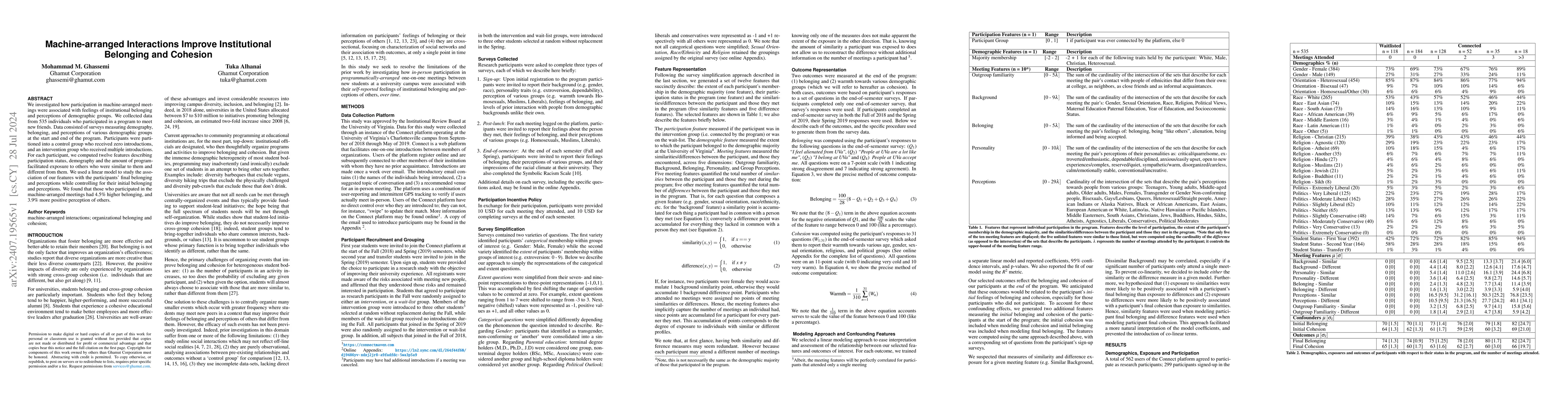 Thumbnail for Machine-arranged Interactions Improve Institutional Belonging and
  Cohesion
