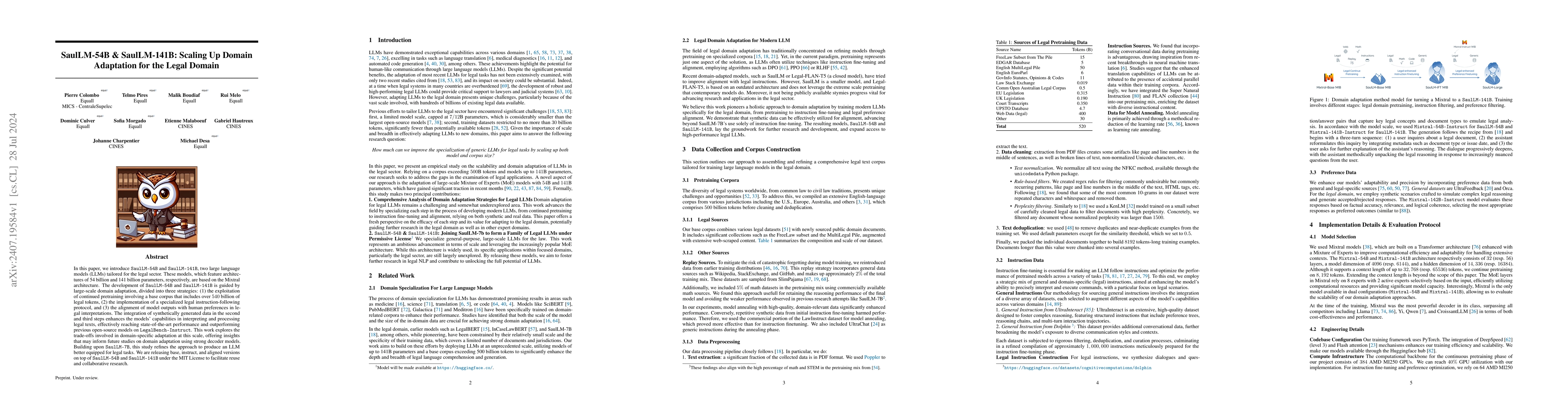 Thumbnail for SaulLM-54B & SaulLM-141B: Scaling Up Domain Adaptation for the Legal
  Domain