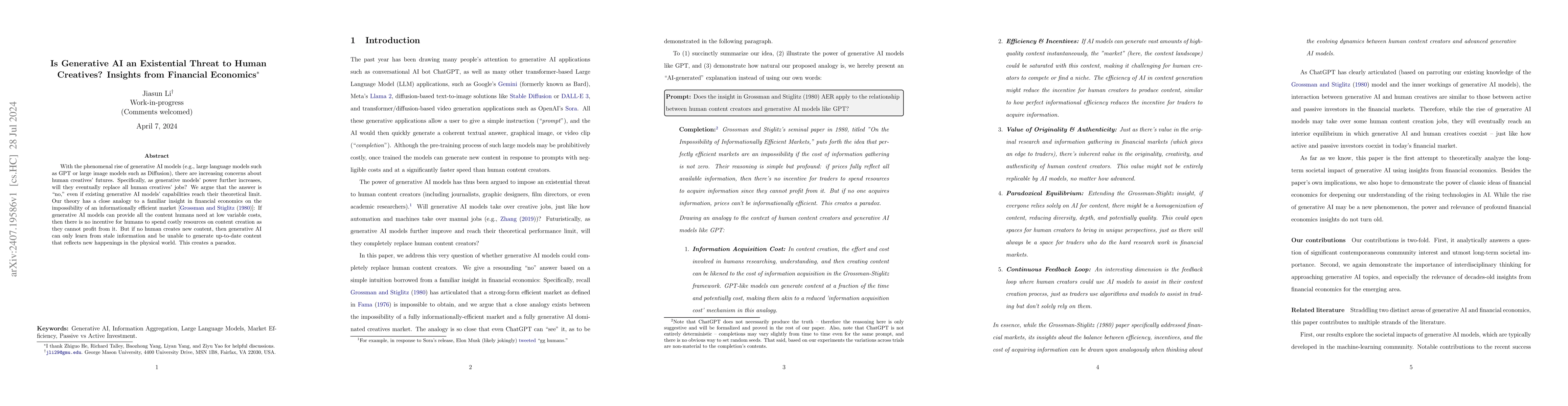 Thumbnail for Is Generative AI an Existential Threat to Human Creatives? Insights from
  Financial Economics