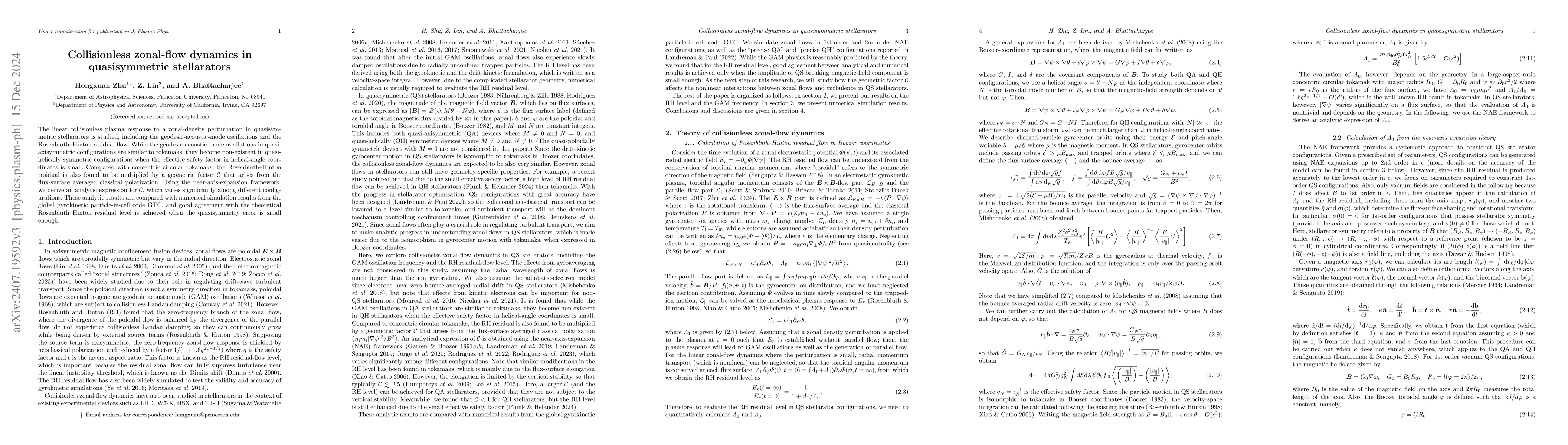 Thumbnail for Collisionless zonal-flow dynamics in quasisymmetric stellarators
