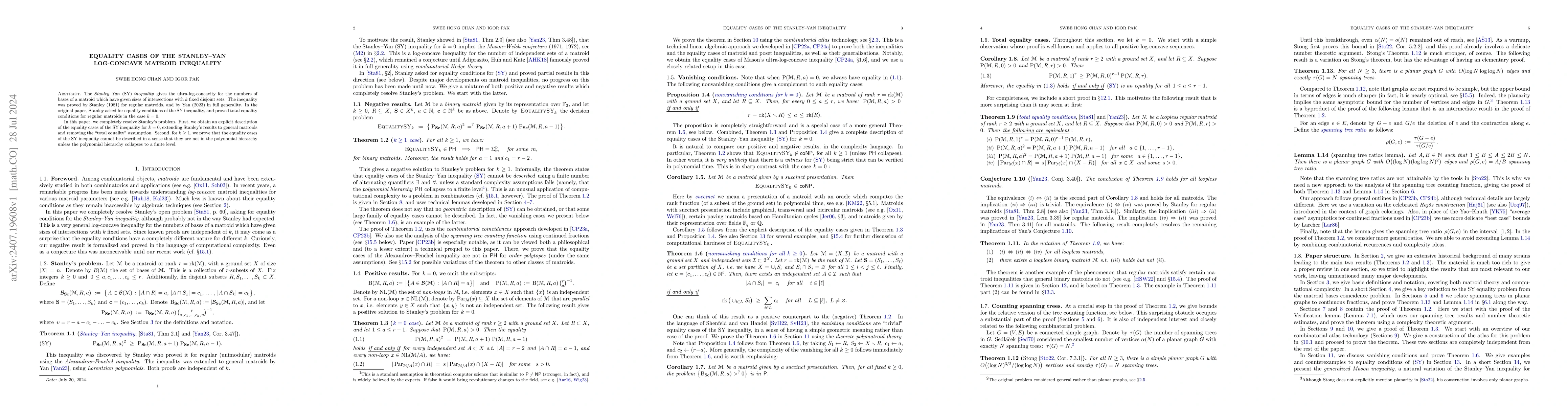 Thumbnail for Equality cases of the Stanley--Yan log-concave matroid inequality